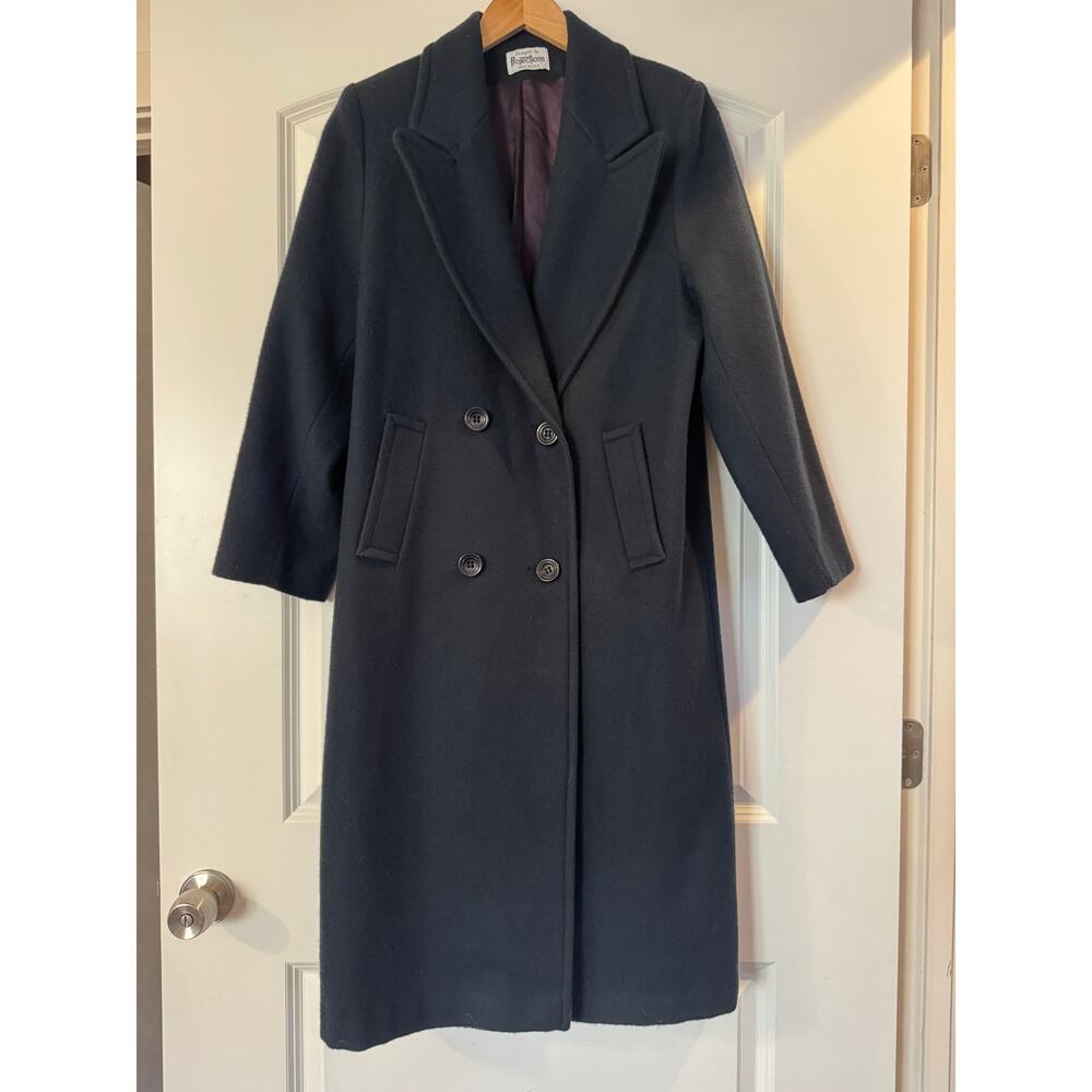 Vintage Projections 100% Wool Navy Blue Long Double Breasted Overcoat USA - S